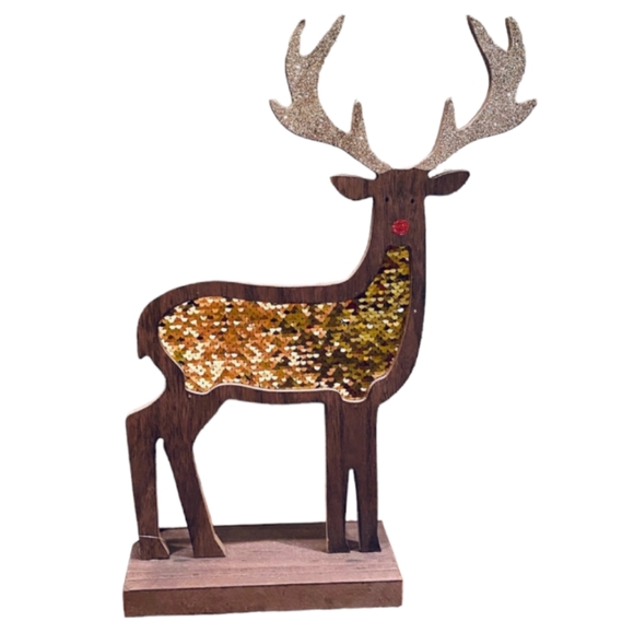 Reindeer Blingy Gold Sequin/Wood Reindeer Figurine with Ornaments - Picture 2 of 10